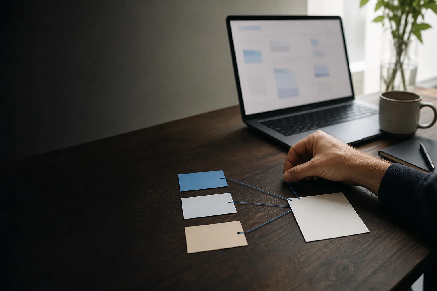 Blank channel cards connected to one outcome card beside a laptop