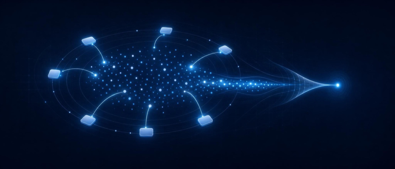 Content tiles orbiting audience dots, then a channel funnelling lit dots into one bright node