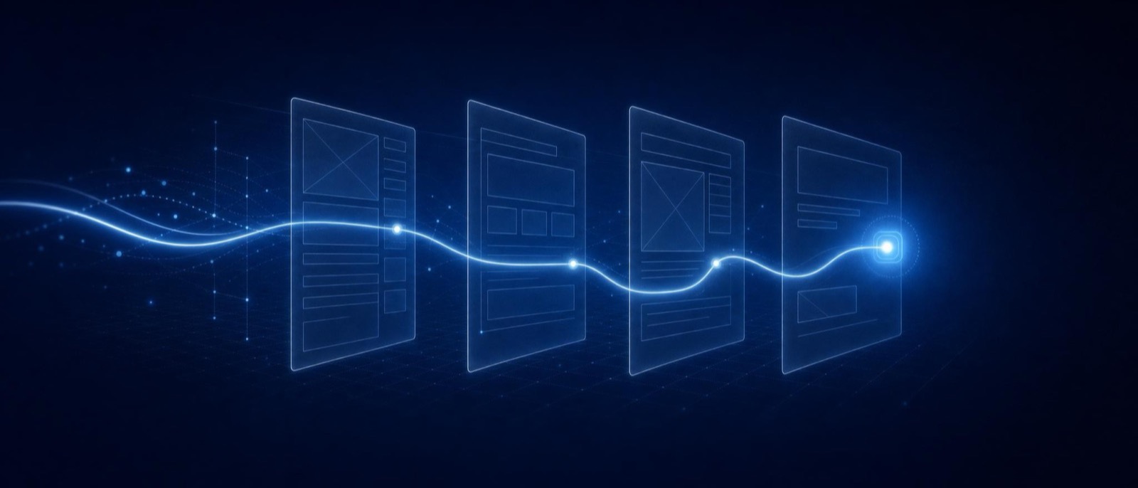 Wireframe layout planes aligning into a grid with one luminous path ending on a glowing node
