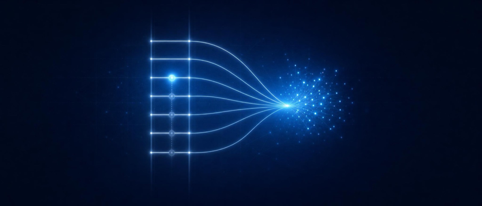 A ladder of light rungs with threads from each passed rung converging into bright pulse sparks