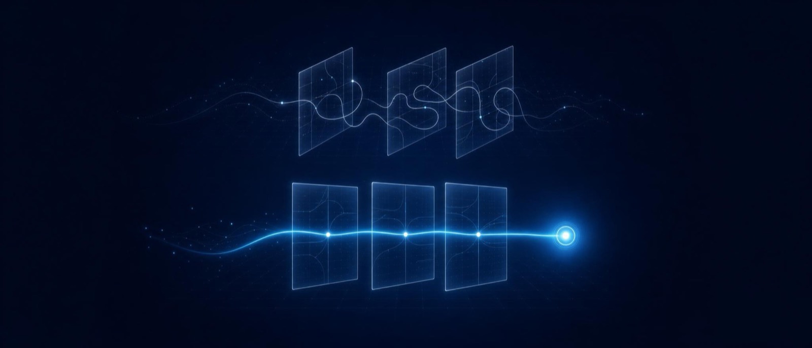 A wandering thread through misaligned wireframe planes above, and below the same planes aligned with one bright path to a glowing node